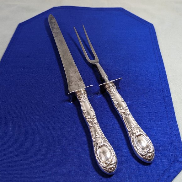 Antique British meat carving knife and fork set with sterling silver handles - Picture 1 of 8